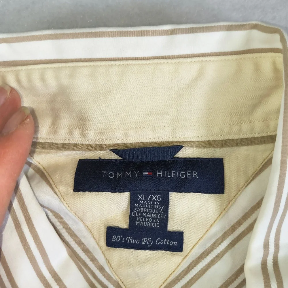 Tommy Hilfiger Mens XL Tan Stripe Button‎ Down Shirt 80s Two Ply Cotton